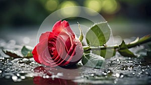 Single Red Rose Lying On Wet Surface With Raindrops