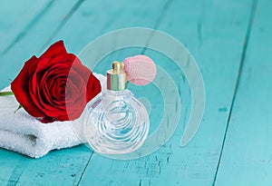Single red rose and perfume bottle on teal blue wood background
