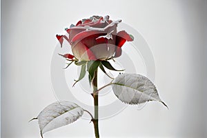 a single red rose with white petals and a green stem with a white background with a white spot in the middle