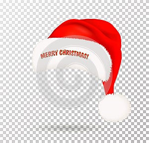 Single red Santa Claus hat with white pompon on transparent background. Vector illustration