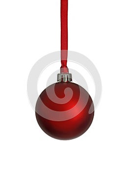 Single Red Christmas Ornament Hanging from a Red Ribbon