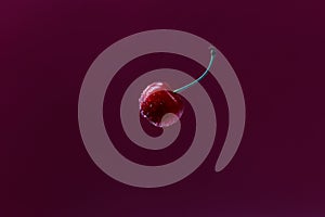 Closeup of a single fresh big red cherry, isoaletd on a violet background. Copy space.