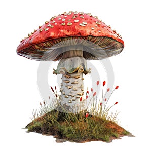 A Single Red Toadstool Mushroom with White Spots Growing in Grass