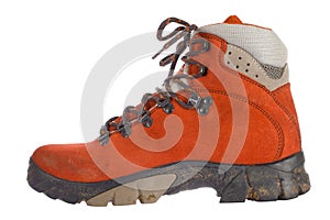Single red trekking boot, side view
