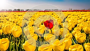 Single Red Tulip in a Field With Many Yellow-Orange Tulips Against a Clear Blue Sky - Generative Ai