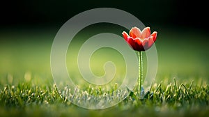 Single Red Tulip in Green Grass