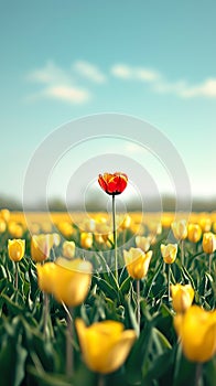 Single red tulip standing out in yellow tulip field, uniqueness concept, plenty of copy space