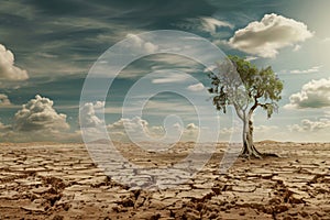 Single resilient tree stands amidst a vast, cracked desert terrain under a dramatic sky