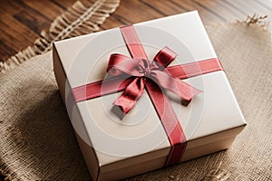 A single ribbon curling on the side of a gift box