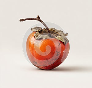 Single Ripe Orange Persimmon Fruit With Stem On A Light Neutral Background Studio Shot