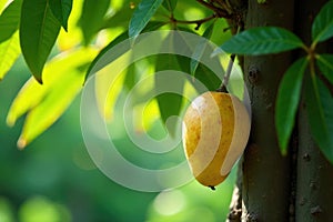 A single ripe yellow fruit hanging from a lush green tree branch in sunlight. Generative AI