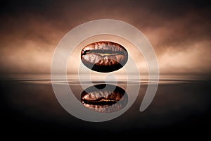 Single Roasted Coffee Bean Levitation Above Water Surface With Perfect Reflection Under Dramatic Warm Studio Lighting