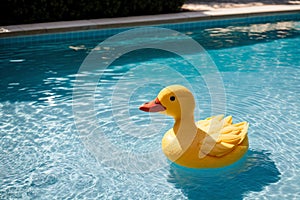 A single rubber duck floating in a blue garden pool