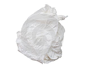 Single screwed or crumpled tissue paper or napkin in strange shape after use in toilet or restroom isolated on white background