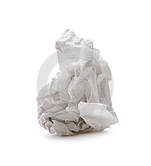 Single screwed or crumpled tissue paper or napkin in strange shape after use in toilet or restroom isolated on white background