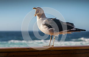 Single seagull on a wooden fence by the ocean