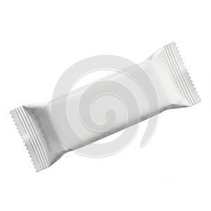 A single, sealed, white candy bar wrapper on a white background