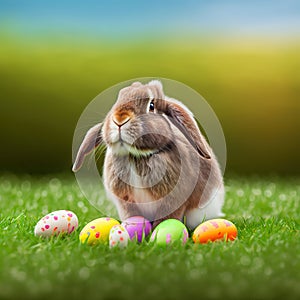 Single sedate American Fuzzy Lop rabbit sitting on green grass with easter eggs