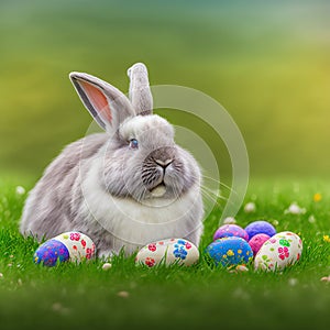 Single sedate furry English Angora rabbit sitting on green grass with easter egg