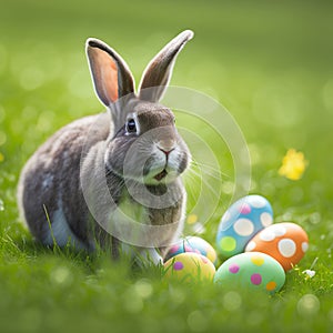 Single sedate furry Jeresey Wolly rabbit sitting on green grass with easter eggs
