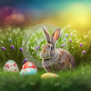 Single sedate furry Jeresey Wolly rabbit sitting on green grass with easter eggs