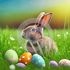 Single sedate furry Jeresey Wolly rabbit sitting on green grass with easter eggs