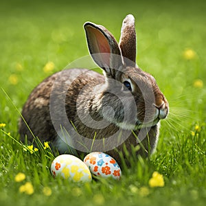 Single sedate furry Jeresey Wolly rabbit sitting on green grass with easter eggs