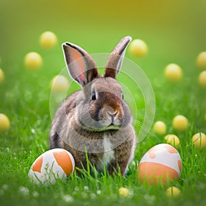 Single sedate furry Rhinelander rabbit sitting on green grass with easter eggs. photo