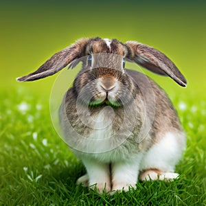 Sedate easter american fuzzy lop rabbit portrait full body in green field