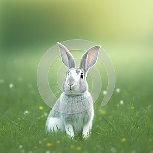 Sedate easter Champagne dArgent rabbit portrait full body sitting in green field