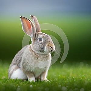 Sedate easter Champagne dArgent rabbit portrait full body sitting in green field photo