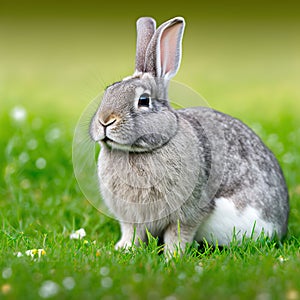 Sedate easter Champagne dArgent rabbit portrait full body sitting in green field photo