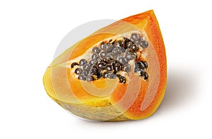 Single segment of ripe papaya isolated on white