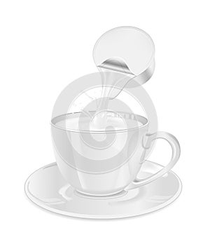 Single serve cup for dairy creamer. Glass coffee cup and saucer