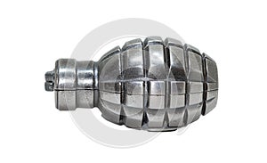 Single silver metal grenade - lighter isolated on white background with shadow and copy space