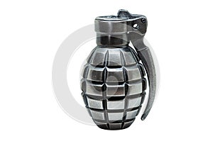 Single silver metal grenade - lighter isolated on white background with shadow and copy space