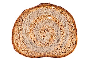 Single slice brown rye breakfast bread with sunflower seed isolated on white background