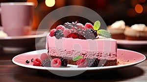 A single slice of Rasberry mousse cake in a red plate on table