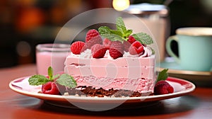 A single slice of Rasberry mousse cake in a red plate on table