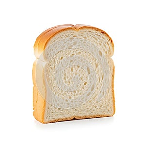 A single slice of soft white bread on a white background