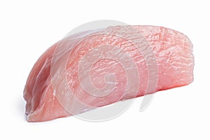Single slice of uncooked boned chicken breast isolated on white photo