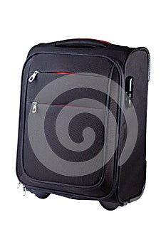 Single small black travel bag with wheels object isolated on white background, cut out. Casual classy rolling travel bag with
