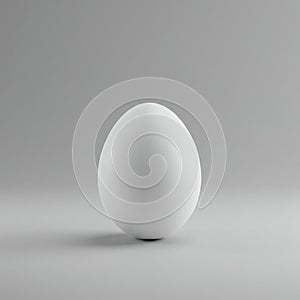 A single, smooth white egg stands upright against a plain gray background. The egg's