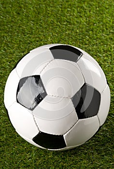 Single soccer ball on green grass lawn background with copy space