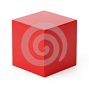 A Single Red Matte Cube Object on a White Background with Subtle Shadows geometric shape