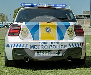 Single South African Police Car - EMPD Back View Lights On