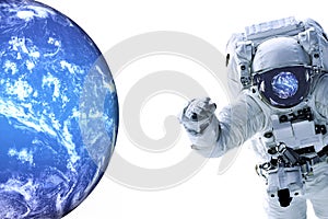 Single space Astronaut with Blue habitable planet in his helmet reflection