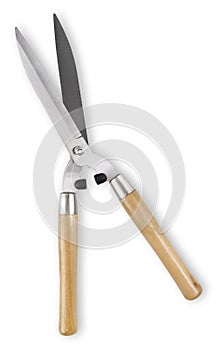 single steel gardening scissors for pruning the hedge with wooden grip, top view isolated on white background with clipping path,