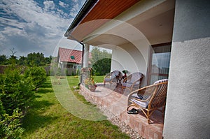 Single storey private house wide angle image, hdr colors, outside view with garden in summer