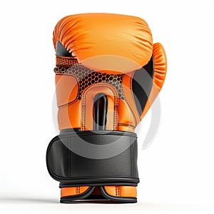 A single, striking pair of professional orange and black boxing gloves, depicted with intricate detail and vibrant color contrast